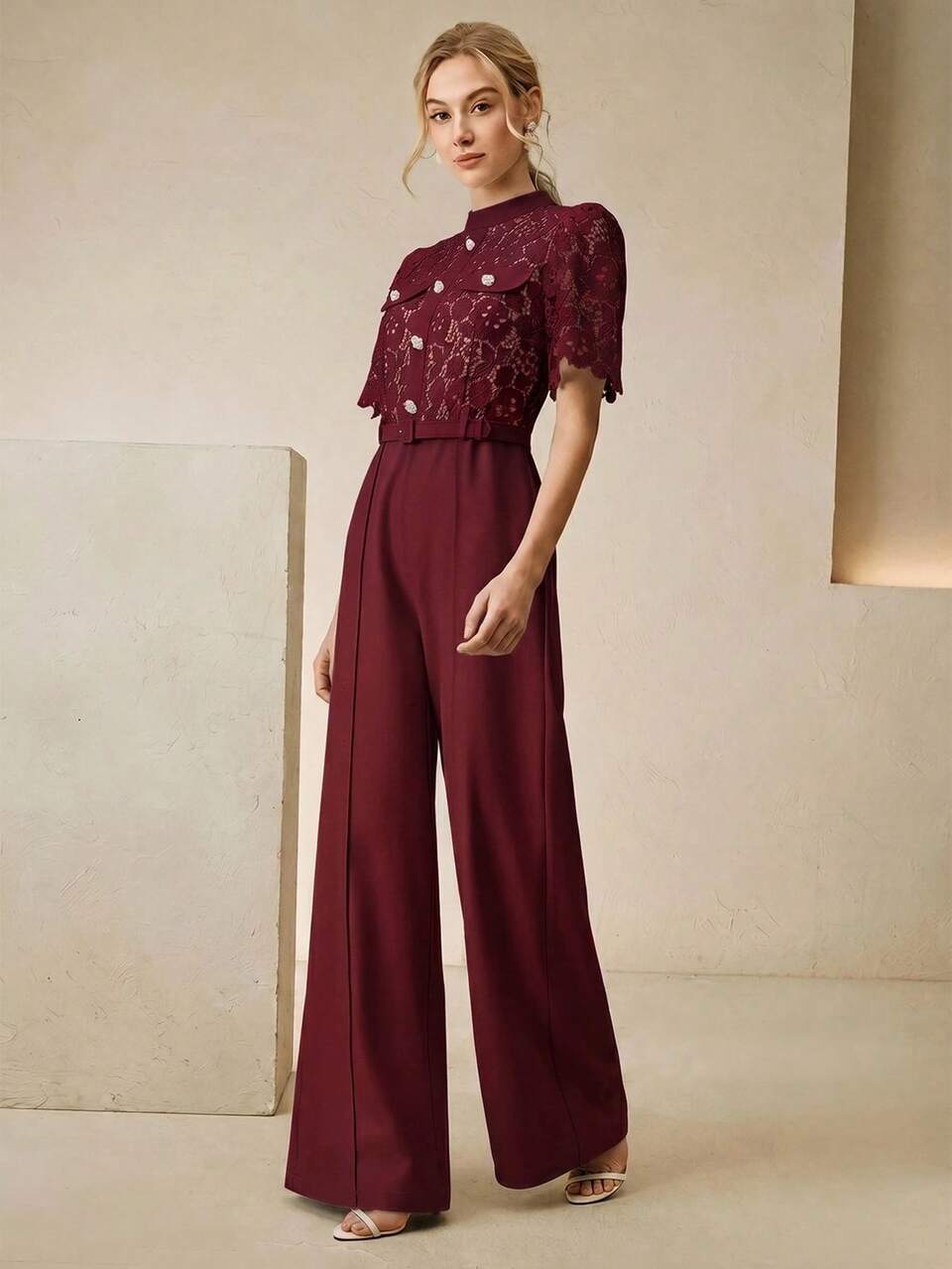 Anewsta New Fashion Water-Soluble Lace Top With Rhinestone Embellished Waistband, Cinched Waist, Wide Leg Pants, Elegant Casual Women's Jumpsuit