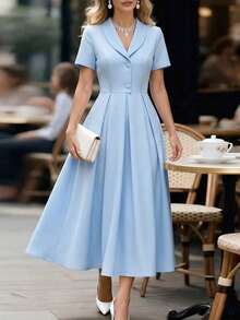 GlowEve CURVE Women's Plus Size Baby Blue Button A-Line Dress, Spring/Summer Wedding Guest Elegant - Blue - View 1