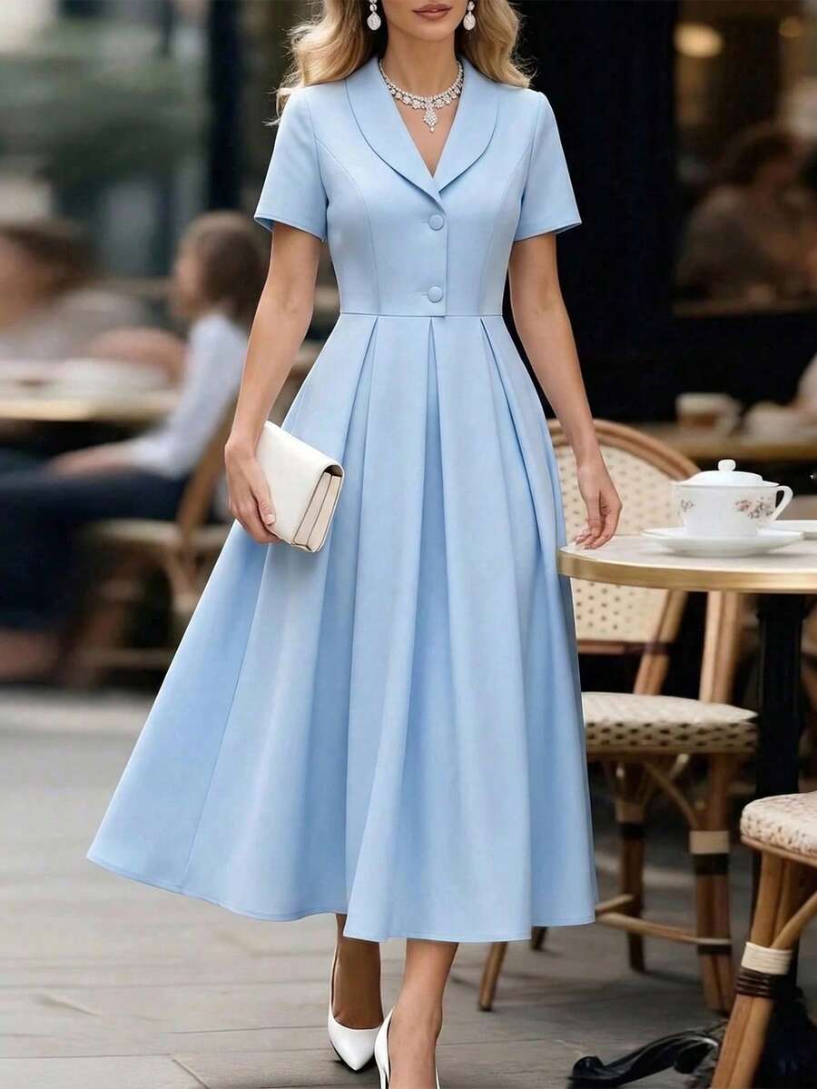 GlowEve CURVE Women's Plus Size Baby Blue Button A-Line Dress, Spring/Summer Wedding Guest Elegant - Blue - View 1