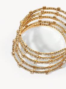 Opalesca Pulseira Aberta E Envolvida Com Strass Fashion Multicamadas Com Punho Feito À Mão Para Mulheres - Ouro - Ver 5