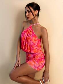 Vestido mini elegante de mujer con estampado floral y cuello halter, para verano IJNB - Rosado Sandía - Ver 3