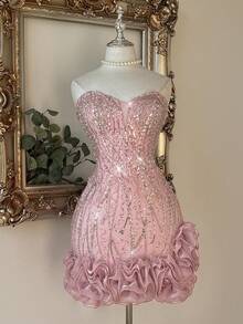 Lovelzi Pink Sequin Fabric Strapless 3D Floral Decor Bachelorette Party Wedding Graduation Season Vacation Afternoon Tea Outfit Prom Dress Cocktail Gown - Pink - View 1