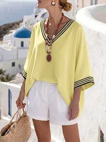 Wandoria Women's Loose V-Neck Striped Placement Print Casual Commuting Elegant Vacation Shirt Vacation Black And Yellow Summer - Multicolor - View 6