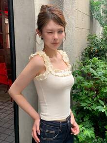 DAZY Áo tank top bèo nhún màu trơn phong cách thường ngày mùa hè - Màu be - Xem 5