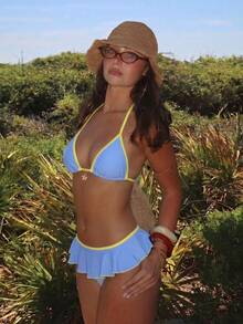 Swim Mod Women's Summer Beach Minimalist Elegant Romantic Casual Vacation Sexy Sweet Cute Swimwear Set, All-Match Versatile Blue & Yellow Colorblock Design, Halter Neck Bikini Triangle Top, Ultra Short Ruffle Hem Skirt Bottom, Metal Flower Pendant Decoration On Chest, Suitable For Beach, Resort, Spa, Music Festival, Honeymoon And Casual Vacation - Multicolor - View 1