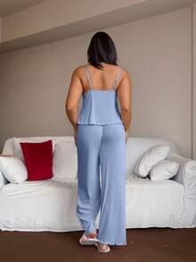 Napfluff CURVE Napfluff CURVE Set pigiama casual da casa in maglia 2 pezzi taglie forti con canottiera patchwork in pizzo & pantaloni lunghi a gamba ampia - Blu - Visualizzare 2