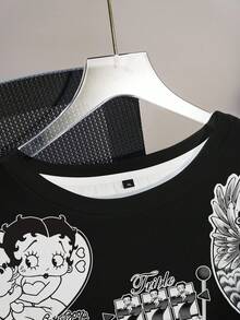 Betty Boop x SHEIN 大尺碼女款字母卡通圖案印花圓領短袖時尚簡約T恤，黑色，夏季外出正式街頭休閒穿搭 - 白色 - 查看 4