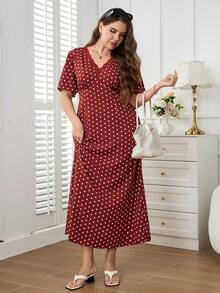 SHEIN LUNE Đầm thanh lịch chấm bi phối ren tương phản dành cho nữ cỡ lớn - Nhiều màu - Xem 4