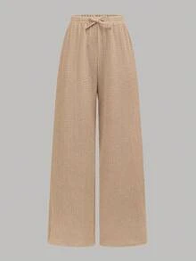 Girlism Teen Girl Khaki Solid Color Pleated Texture Cropped Halter Top Paired With Solid Color Wide Leg Pants 2pcs Set, Suitable For Vacation, Holiday, Lunch, Music Festival And Outings In Spring And Summer - Khaki - View 7