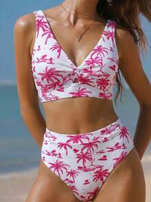 Swim Vcay 女款熱帶植物印花前打結抓皺背心上衣與三角比基尼泳褲套裝，適用於度假、海灘與海邊 - 玫紅色 - 查看 3