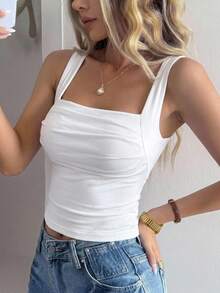 DAZY Women's Solid Colored Pleated Tank Top - White - View 10