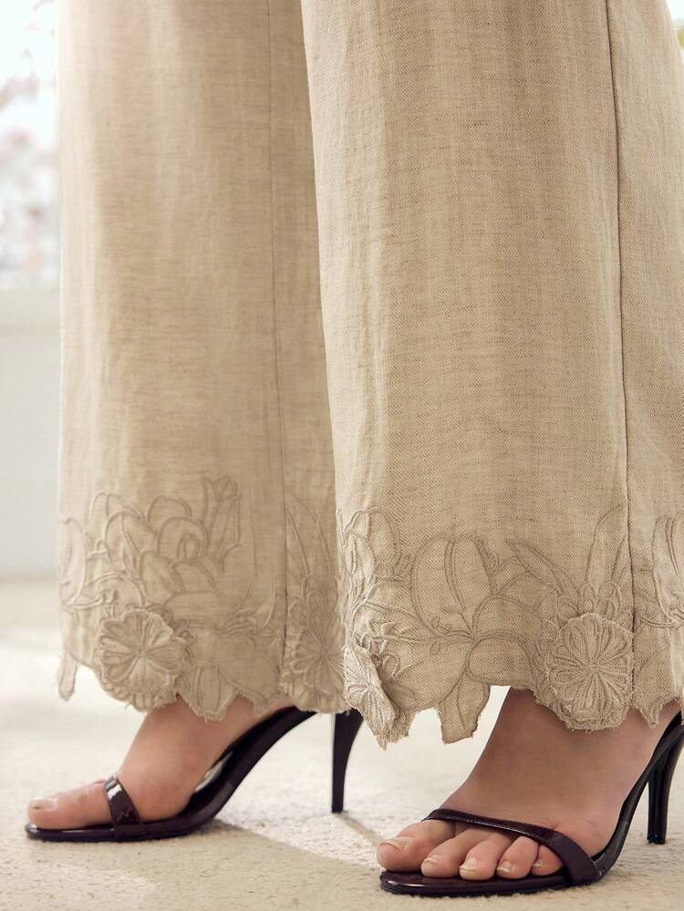SPRING/SUMMER WOMEN'S TENCEL LINEN EMBROIDERED 9/10 LENGTH SUIT PANTS
