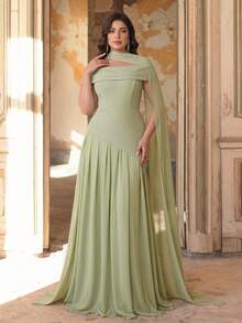 Glamrae Đầm maxi cỡ lớn sang trọng, thanh lịch màu xanh lá cây với chất liệu satin và chiffon co giãn, thiết kế phối ghép bất đối xứng, xếp ly dáng chữ A, cổ yếm gợi cảm, phù hợp cho tiệc tối, tiệc độc thân, hẹn hò, dạ hội, đám cưới. - màu xanh lá - Xem 2