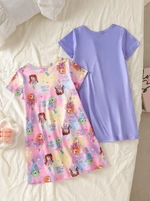 Set Baju Tidur Panjang dan Baju Santai Minimalis Modis untuk Balita Perempuan, Warna Pink dan Abu-abu, Motif Domba Kartun Lucu, 2 Potong, Lengan Pendek dan Panjang - MultiWarna - View 2