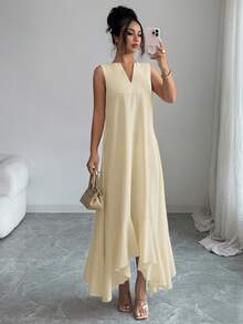 Elenzga Sommer Ärmellos Kunstleinen Hellkhaki V-Ausschnitt Asymmetrischer Rüschensaum Lockeres Kleid Lässig Urlaub Bequem Outfit - Khaki - Übersicht 2