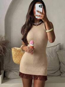 Serisse Đầm đi biển thời trang nữ với họa tiết sao biển đan và viền tua rua bóng, phù hợp cho mùa xuân và mùa hè - Màu Khaki - Xem 3