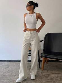 DAZY بنطلون جينز صديق صوفي مع جيوب مائلة - بيج - مشاهدة 13