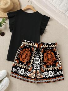 EMERY ROSE Pattern Bow Tie Shorts And Flutter Sleeve Top Plus Size 2pcs Set - Multicolor - View 2