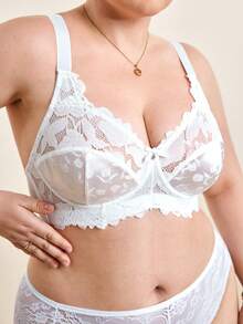Hourtrue Plus Size Women Fashion Lace Patchwork Underwire Bra - White - View 4