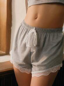 Bisouelle Contrast Lace Tie Front Cami PJ Set / Pajama Set Holiday Season - Light Grey - View 10