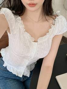DAZY 女款花卉刺繡圖案百褶休閒百搭日常外出襯衫 夏季可愛上衣 - 白色 - 查看 1