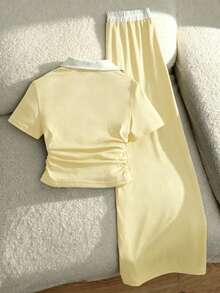 Tween Girl Short Sleeve Simple T-Shirt And Loose Long Pants Set - Multicolor - View 2