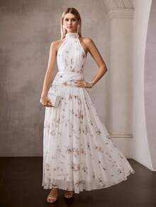 MOTF Soiréza ELEGANT WOMEN'S SLEEVELESS MOCK NECK MAXI PARTY GOWN WITH RANDOM FLORAL PRINT CHIFFON FABRIC, BACK NECK TIE BINDING FOR ADJUSTABLE FIT, RUCHED WAIST DETAILING - White - View 5