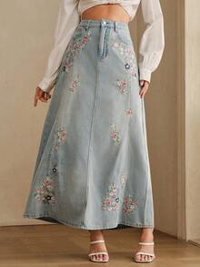 Anewsta 女款新款時尚夏季重工刺繡修身設計開衩裙 - 藍色 - 查看 2