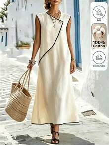 EMERY ROSE Women's Black And White Stripe Color Block Trim Maxi Casual Minimalist Dress, Comfortable For Summer Holiday Holiday Vacation - Apricot - View 3