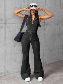 SHEIN EZwear 女款夏季休閒無袖牛仔連身褲 - 黑色 - 查看 3