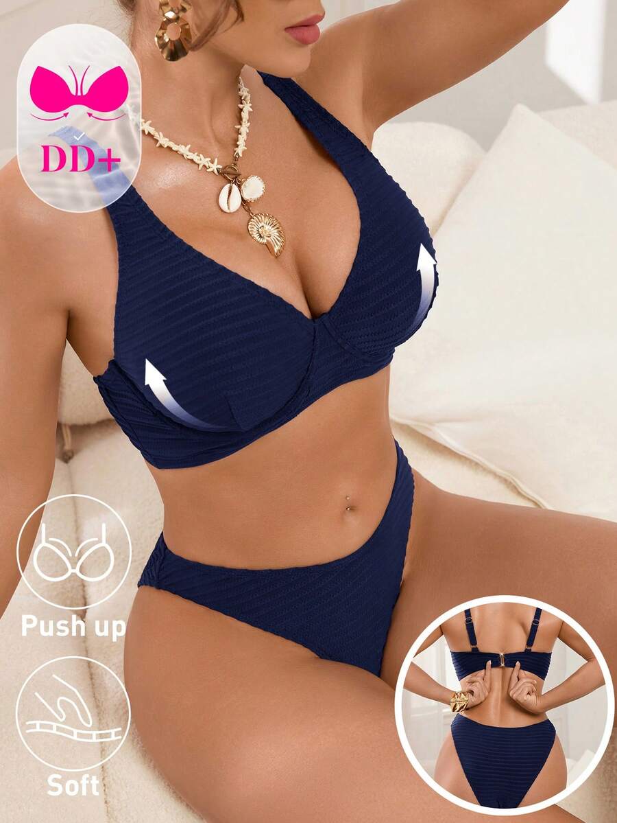 Swim DD+ 夏季海灘女款深V領純色極簡泳衣套裝 - 藏蓝色 - 查看 1