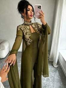 Elenzga Bộ đồ jumpsuit nữ 2 món kèm khăn choàng ren màu vàng - xanh quân đội - Xem 6