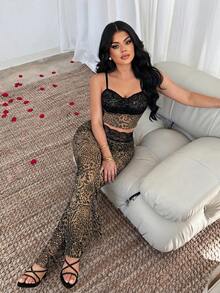 SHEIN SXY Summer Sexy Lace Patchwork Animal Print Cropped Camisole Flare Pants Club Night Out Party Beige Leopard Print - Multicolor - View 9