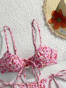 Swim Mod Conjunto de bikini para mujer de primavera/verano para vacaciones con estampado floral pequeño, soporte de pecho, pantalones con cordón lateral y cordón ajustable - Multicolor - Ver 4