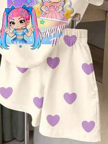白色卡通動漫女孩圖案，少女休閒極簡寬鬆短袖T恤與短褲套裝，2件組，適合夏季，甜美女孩風 - 彩色 - 查看 5