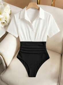 Selianne Women's Vintage Sexy Bodysuit Slimming Fit Elegant High-End Comfortable Versatile Fashionable White And Black Night Office Going Out Club Summer - Black and White - View 3