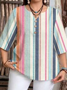 EMERY ROSE Casual Minimalist Style Colorful Faux Texture All-Over Print Pattern Vacation Stripe Women's 3/4 Sleeve Shirt Suitable For Spring And Summer - Multicolor - View 5