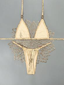 Swim Vcay 2026 Spring/Summer Triangle Cup Halter Neck Gold Foil Fabric Sunflower Metal Buckle Edge Ruffle High Cut Adjustable Sexy Bikini For Women, Suitable For Beach, Seaside And Pool - Gold - View 2