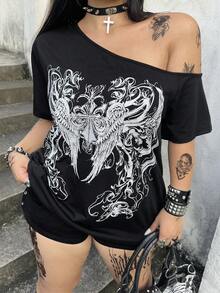 Whyspr Plus Size Casual Sexy Asymmetric Neck Back Cutout T-Shirt Print Top - Black - View 3
