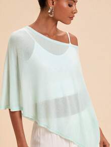 Travachic Women's Spring/Summer Asymmetrical Cape Shawl Loose Lazy Semi-Sheer Knit Top - Green - View 4