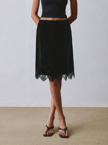 ATUI Studio Women's Velvet Lace Trim Pencil Skirt – Fitted Midi Silhouette, Everyday Essential For Fall, Daily & Work - Black - View 3