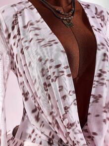 Amplova Romantic Sexy Vacation Earthy Tone Low-Cut Drape Collar, Flare Sleeve, Bodycon Mini Dress Club Night White Animal Print Autumn - Pink - View 6