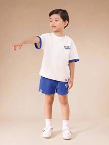 SUMWON 里约热内卢图案印花圆领T恤和短裤套装，适合幼儿夏季休闲热带度假装 - 藍色 - 查看 2