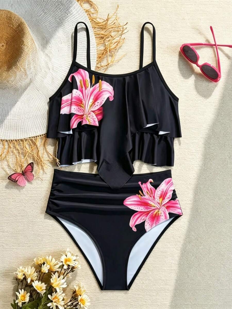 SHEIN Conjunto de traje de baño con estampado floral y volantes para chica adolescente, vacaciones en la playa - Multicolor - Ver 1