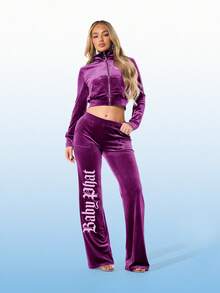 BABYPHAT Women Velour Wide Leg Joggers With Gothic Letter Print Side Pockets Casual Loose Fit Drawstring Sweatpants - Dusty Purple - View 3