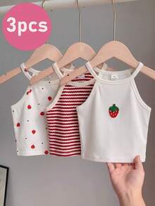 SHEIN LMoss Kids 3件/組少女草莓印花圓領休閒背心上衣，夏季時尚度假款 - 彩色 - 查看 11