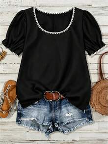 EMERY ROSE Plus Size Casual Medieval Minimalist Style Black And White Shell Embroidery Decorated Square Neck Shirt Suitable For Spring And Summer Vacation - Black - View 1