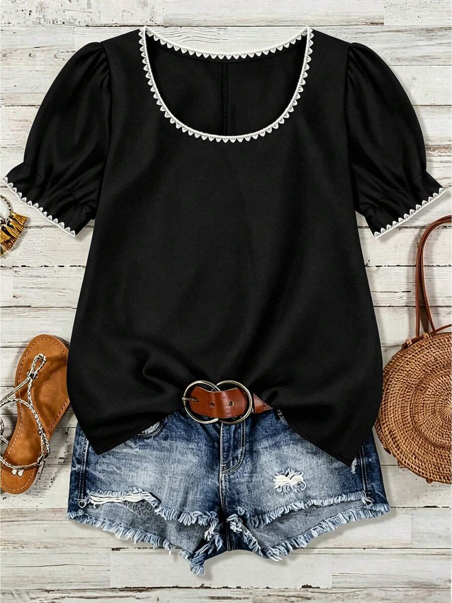 EMERY ROSE Plus Size Casual Medieval Minimalist Style Black And White Shell Embroidery Decorated Square Neck Shirt Suitable For Spring And Summer Vacation - Black - View 1