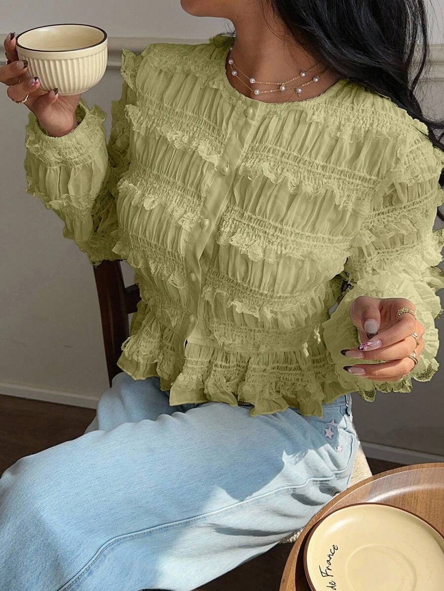 Serisse 女款素色紋理時尚長袖襯衫 - 綠色 - 查看 1