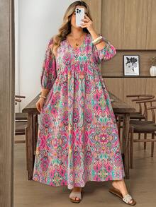 SHEIN CURVE+ Plus Size Paisley Print V-Neck Loose Lantern Sleeve Dress - Multicolor - View 4